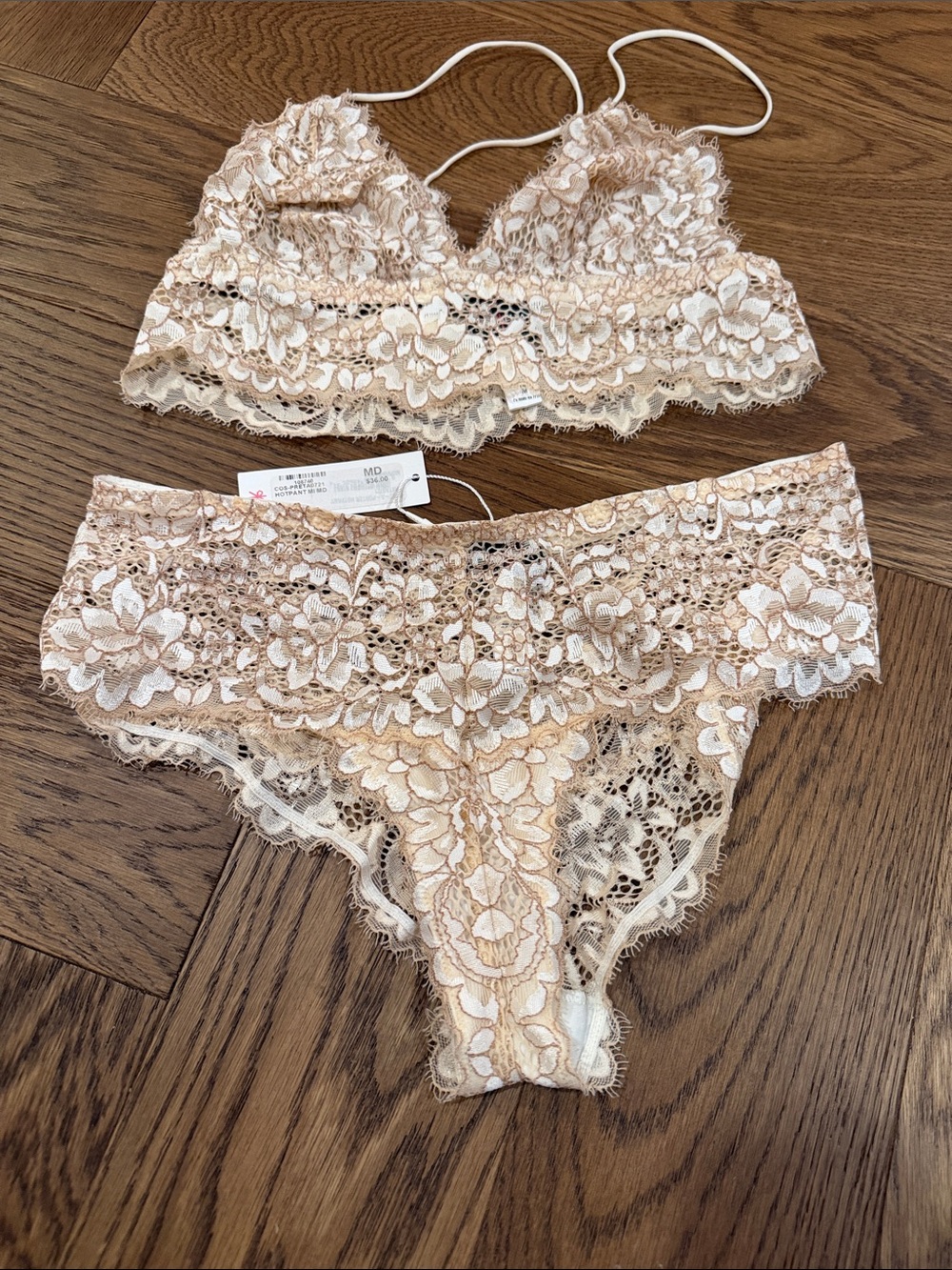 Lace Bralette & Bikini Bridal Set - White and Tan - Picture 3 of 6